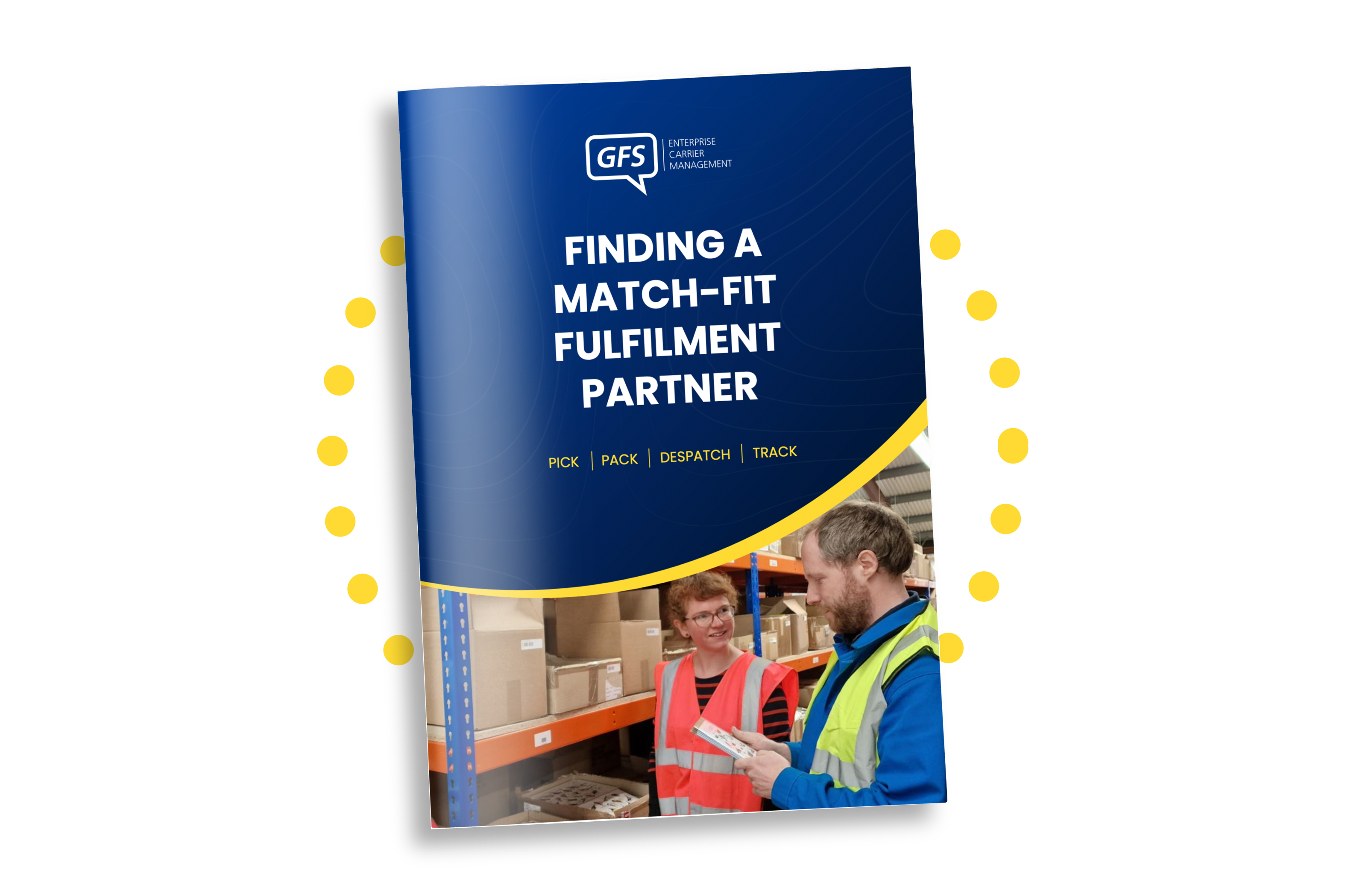 Front cover of an eBook with two people talking in a warehouse