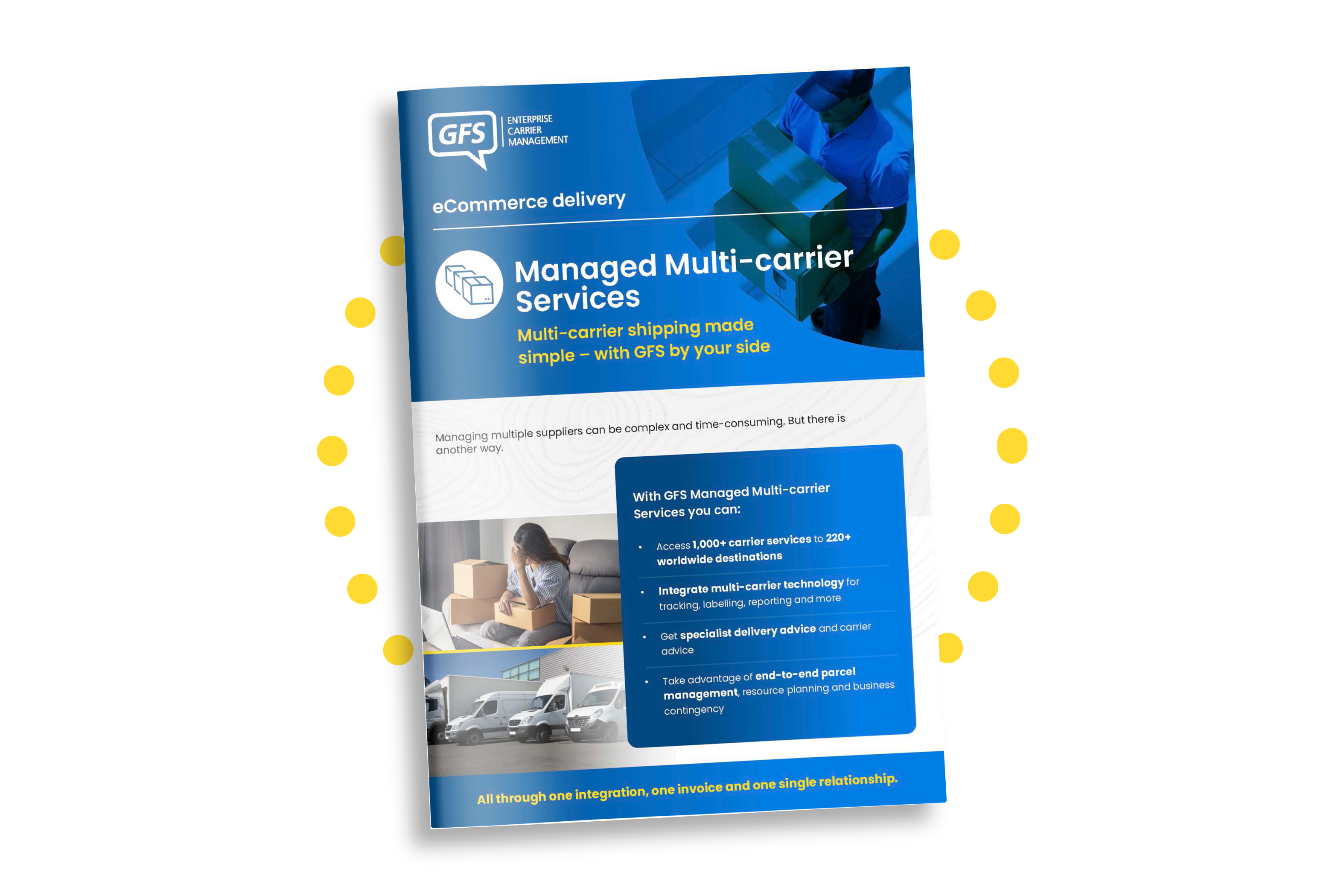 Blue brochure front cover about Multi-carrier delivery services
