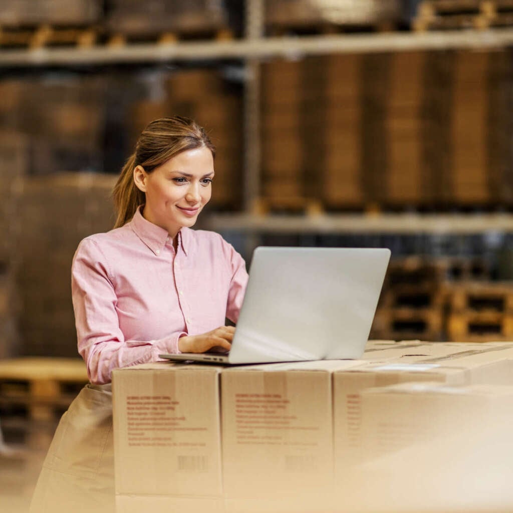 A warehouse worker controlling shipment on laptop. Black Friday